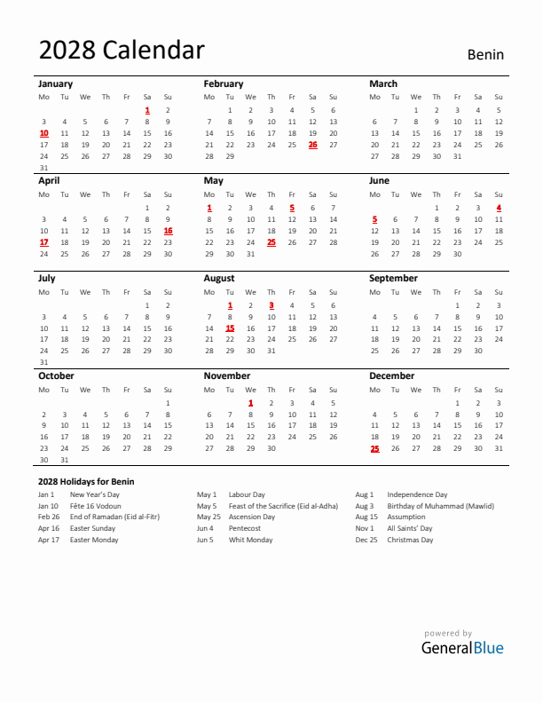 Standard Holiday Calendar for 2028 with Benin Holidays 