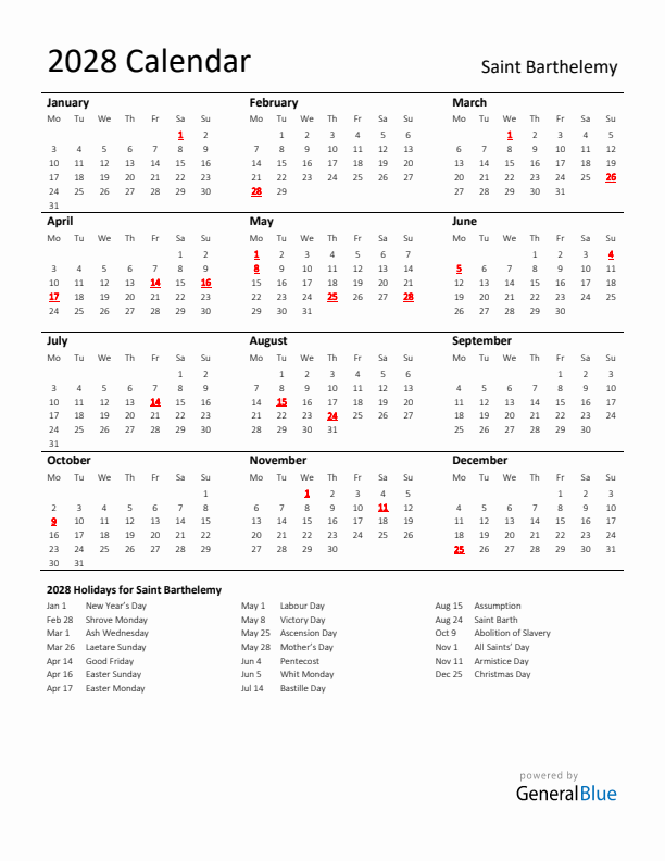 Standard Holiday Calendar for 2028 with Saint Barthelemy Holidays 