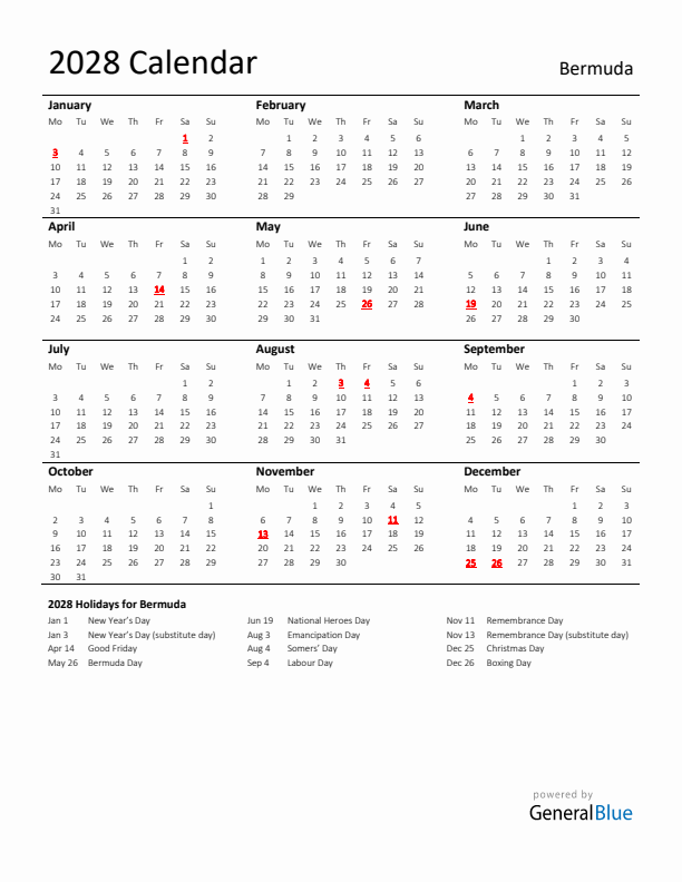 Standard Holiday Calendar for 2028 with Bermuda Holidays 