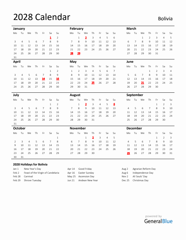Standard Holiday Calendar for 2028 with Bolivia Holidays 