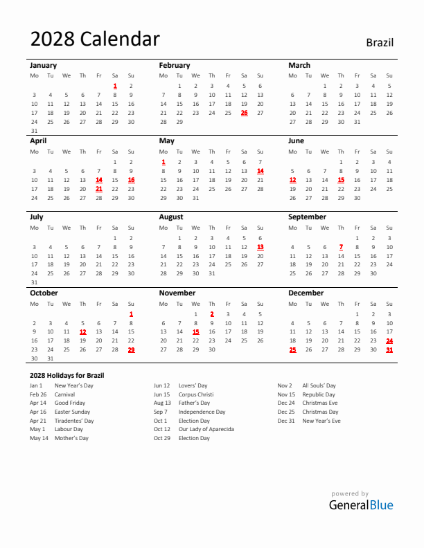 Standard Holiday Calendar for 2028 with Brazil Holidays 