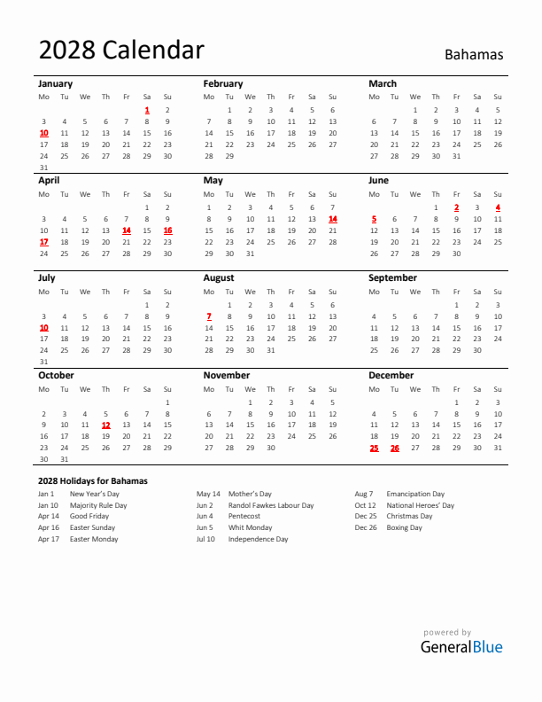 Standard Holiday Calendar for 2028 with Bahamas Holidays 
