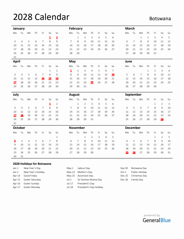 Standard Holiday Calendar for 2028 with Botswana Holidays 