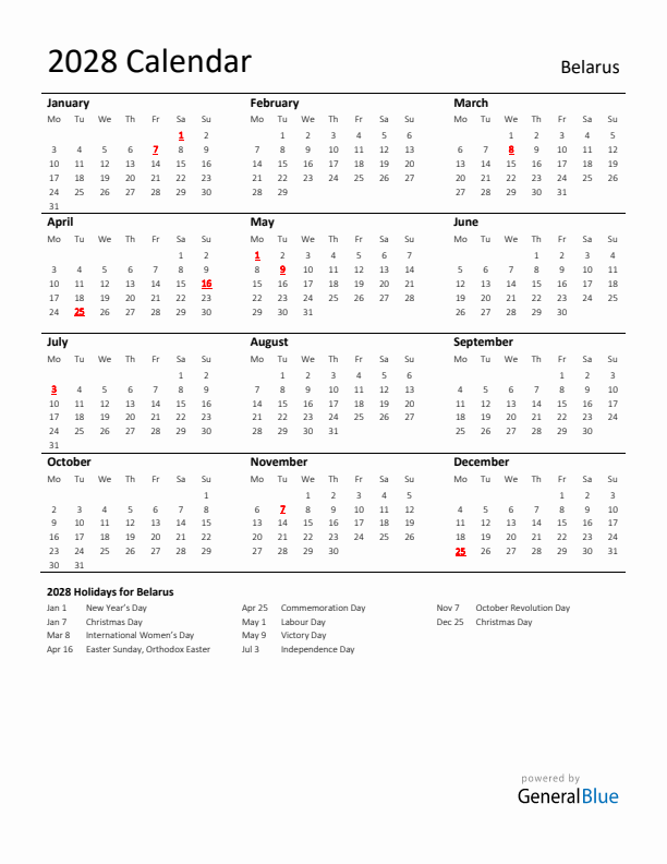 Standard Holiday Calendar for 2028 with Belarus Holidays 