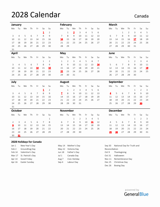 Standard Holiday Calendar for 2028 with Canada Holidays 