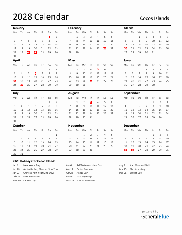 Standard Holiday Calendar for 2028 with Cocos Islands Holidays 