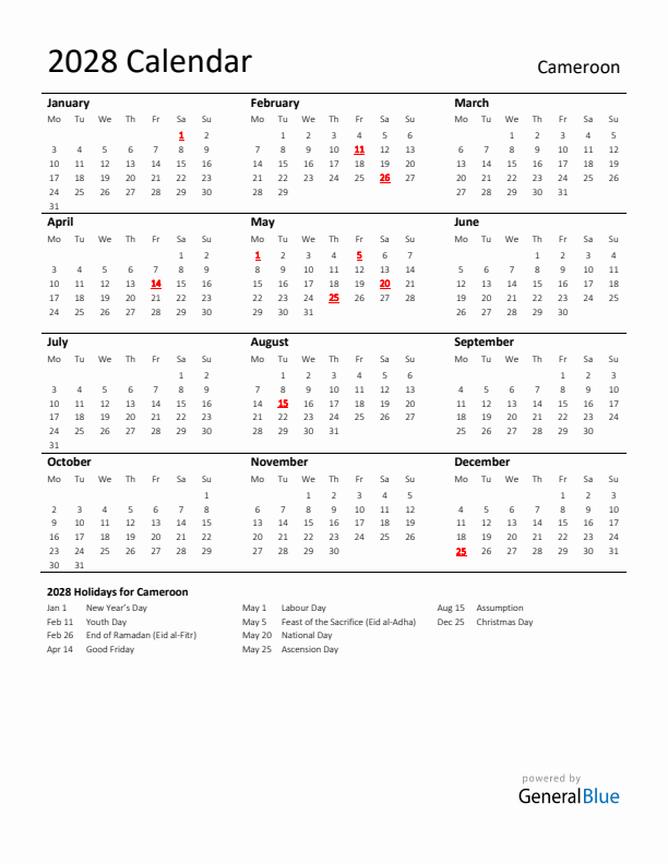 Standard Holiday Calendar for 2028 with Cameroon Holidays 