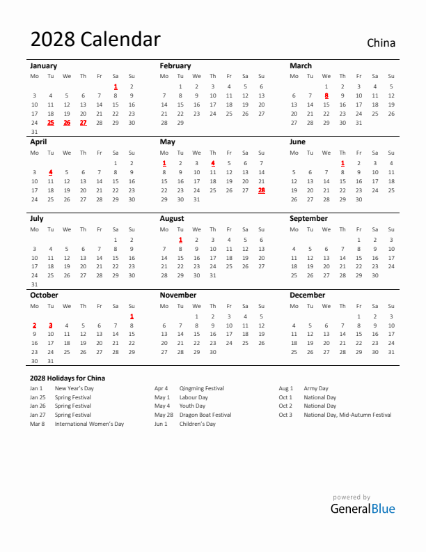 Standard Holiday Calendar for 2028 with China Holidays 