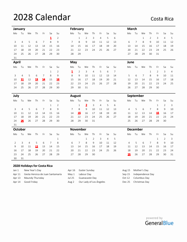 Standard Holiday Calendar for 2028 with Costa Rica Holidays 