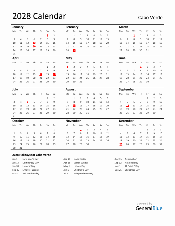 Standard Holiday Calendar for 2028 with Cabo Verde Holidays 