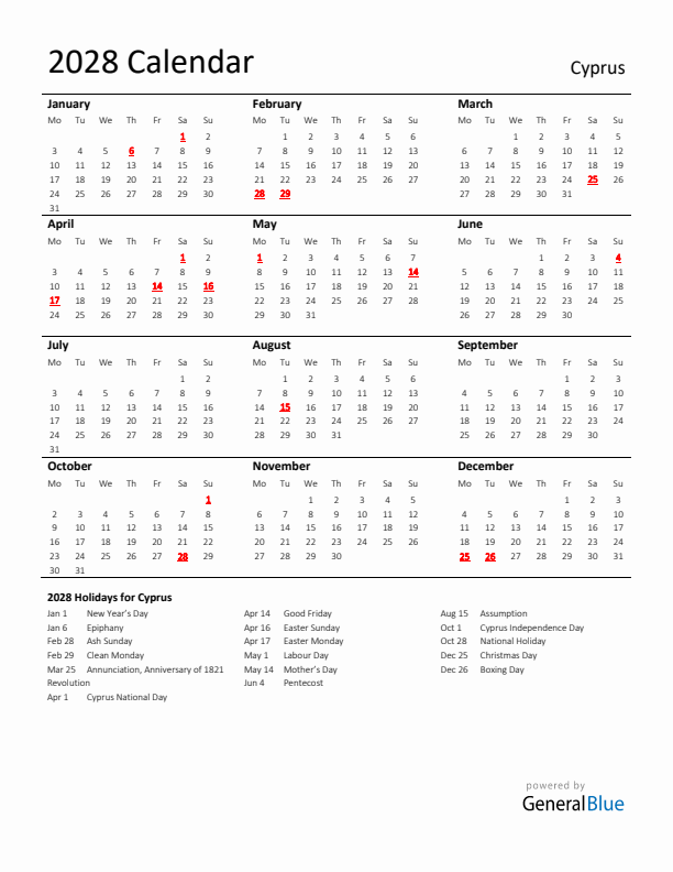 Standard Holiday Calendar for 2028 with Cyprus Holidays 