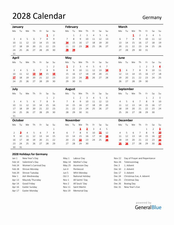 Standard Holiday Calendar for 2028 with Germany Holidays 
