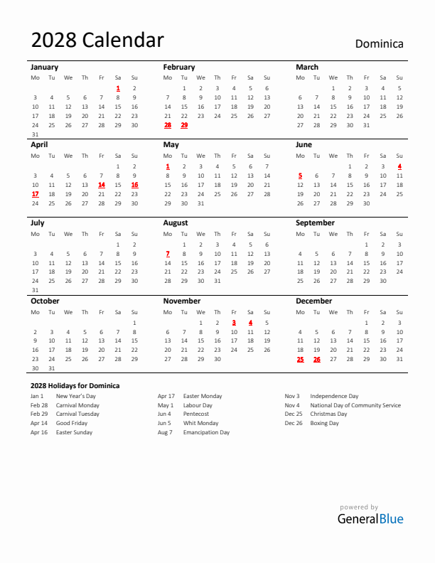Standard Holiday Calendar for 2028 with Dominica Holidays 