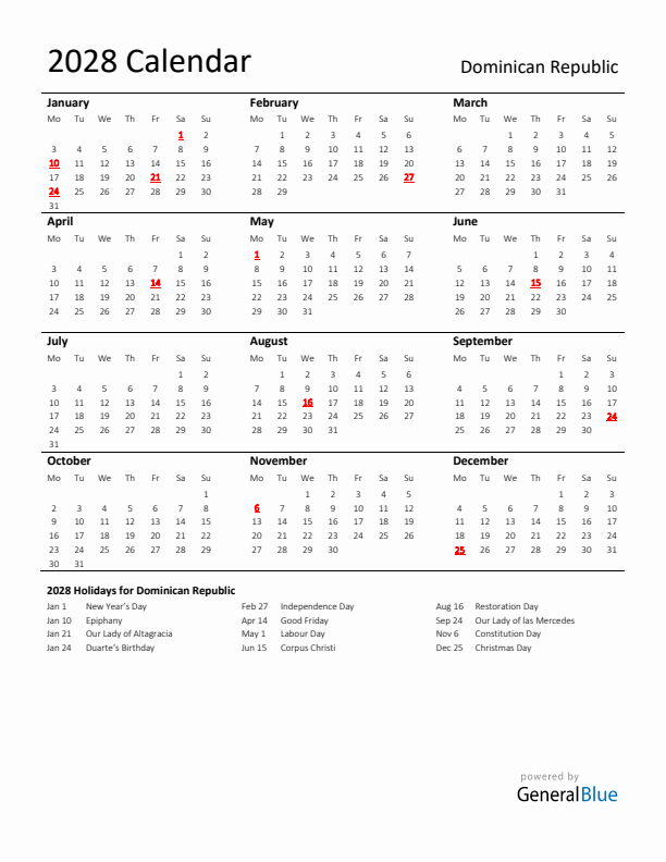 Standard Holiday Calendar for 2028 with Dominican Republic Holidays 