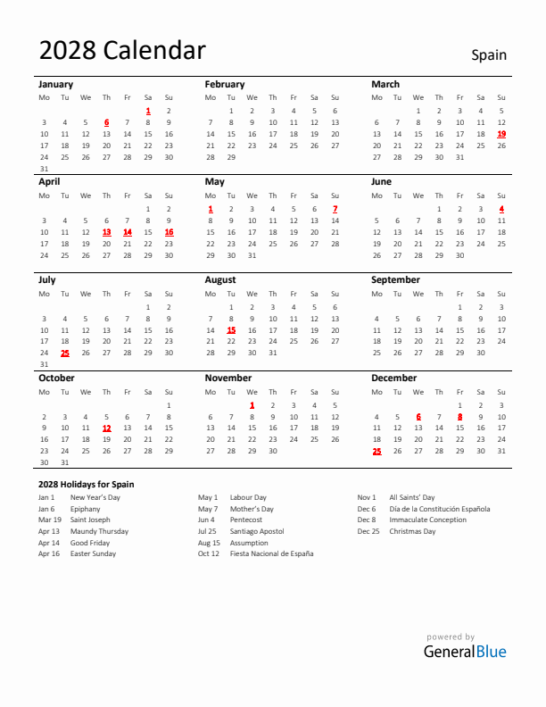 Standard Holiday Calendar for 2028 with Spain Holidays 