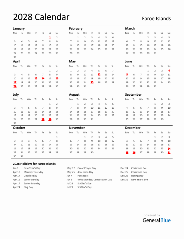 Standard Holiday Calendar for 2028 with Faroe Islands Holidays 