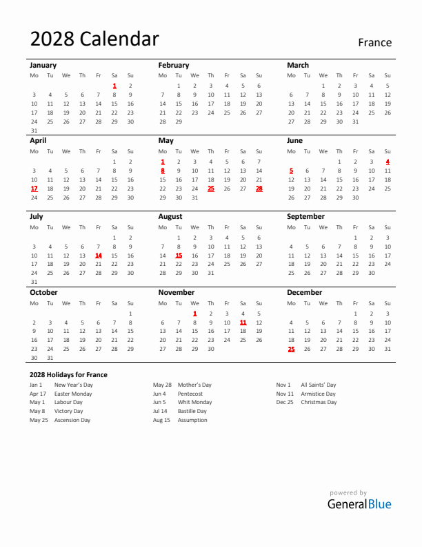Standard Holiday Calendar for 2028 with France Holidays 