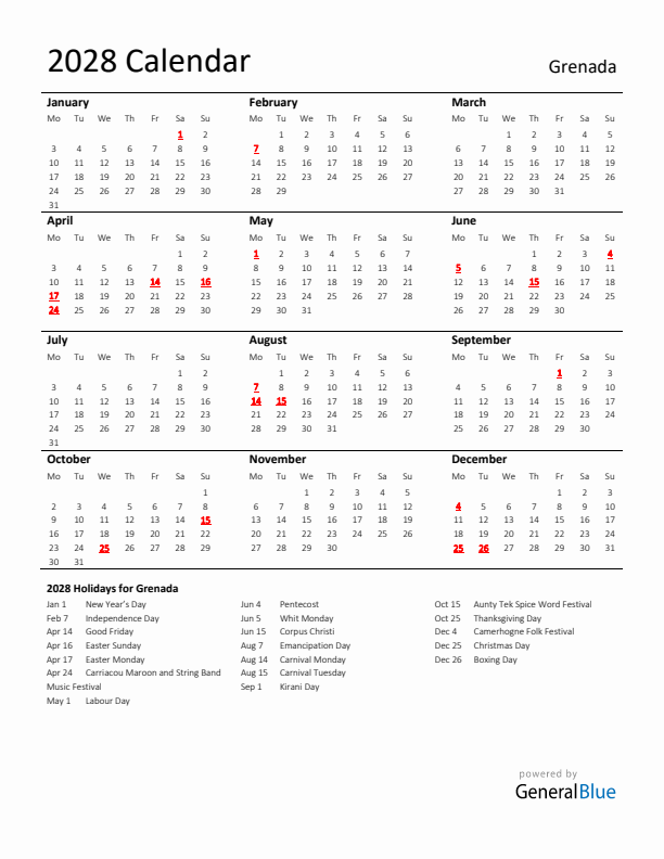 Standard Holiday Calendar for 2028 with Grenada Holidays 