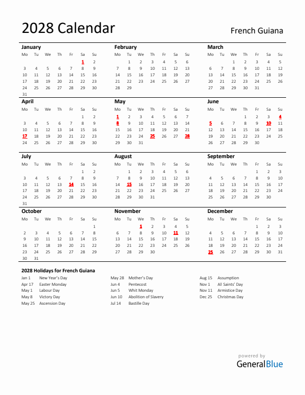 Standard Holiday Calendar for 2028 with French Guiana Holidays 