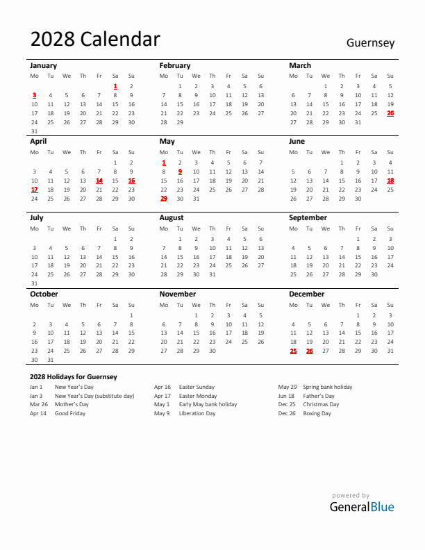 Standard Holiday Calendar for 2028 with Guernsey Holidays 