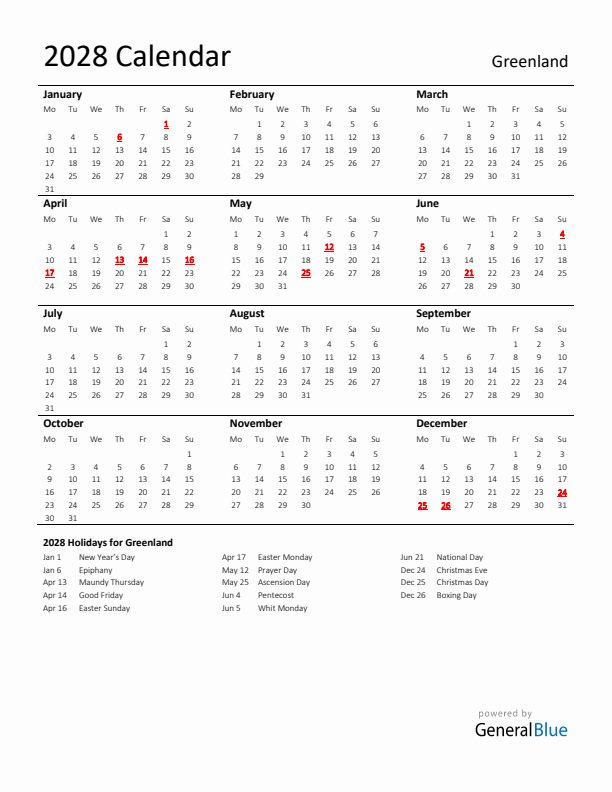 Standard Holiday Calendar for 2028 with Greenland Holidays 