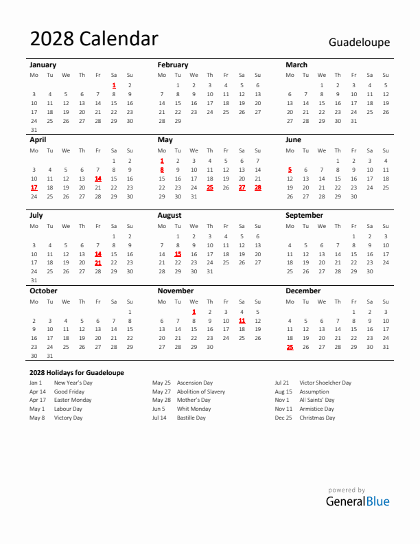 Standard Holiday Calendar for 2028 with Guadeloupe Holidays 