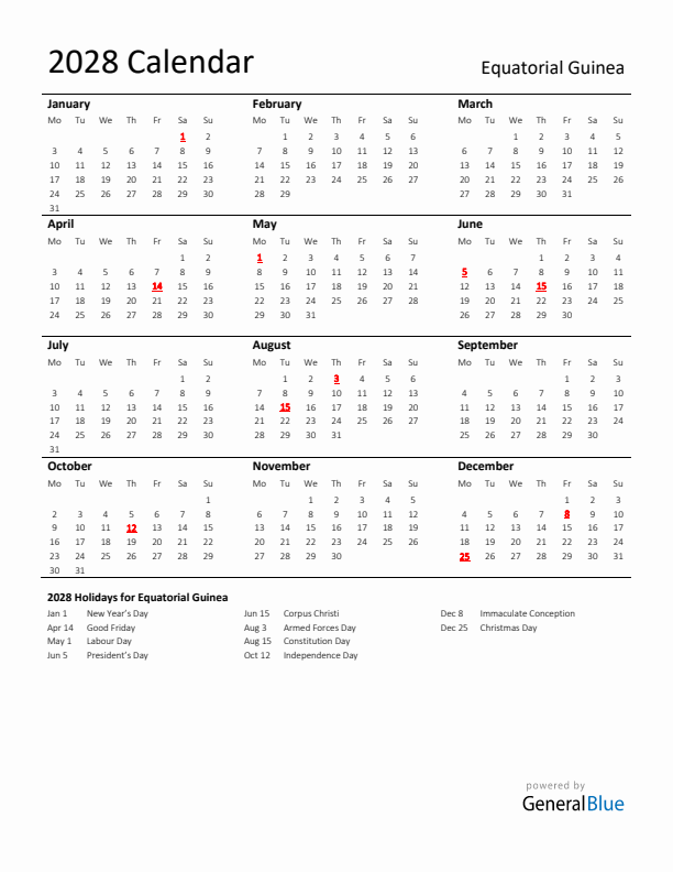 Standard Holiday Calendar for 2028 with Equatorial Guinea Holidays 