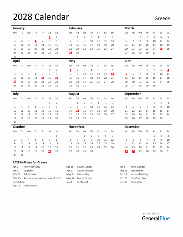Standard Holiday Calendar for 2028 with Greece Holidays 