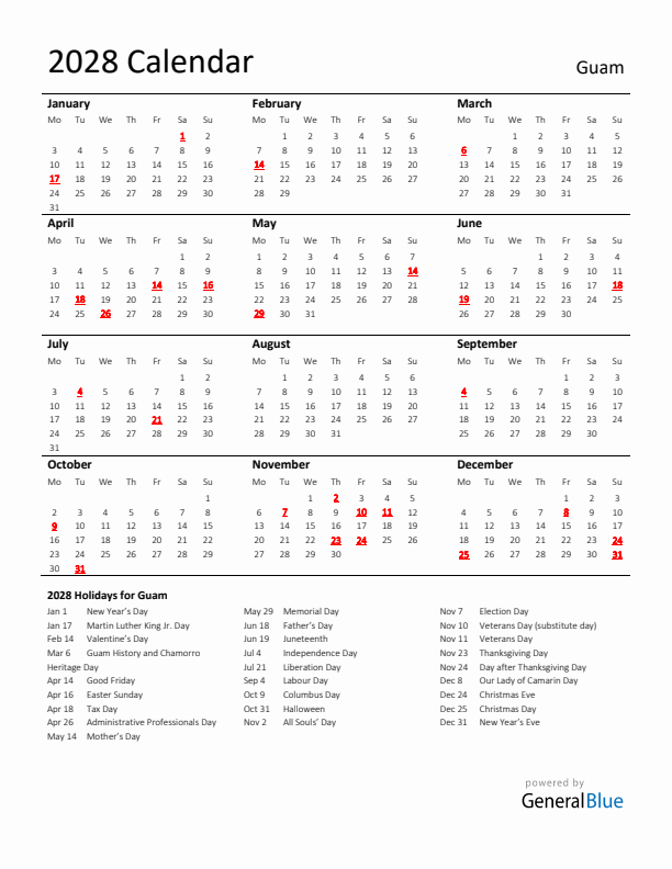 Standard Holiday Calendar for 2028 with Guam Holidays 