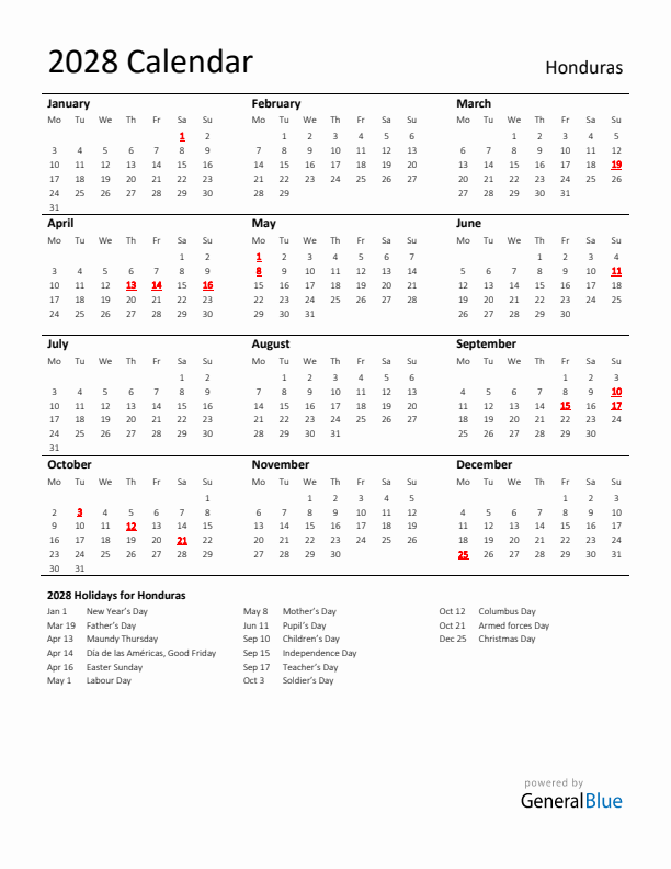 Standard Holiday Calendar for 2028 with Honduras Holidays 