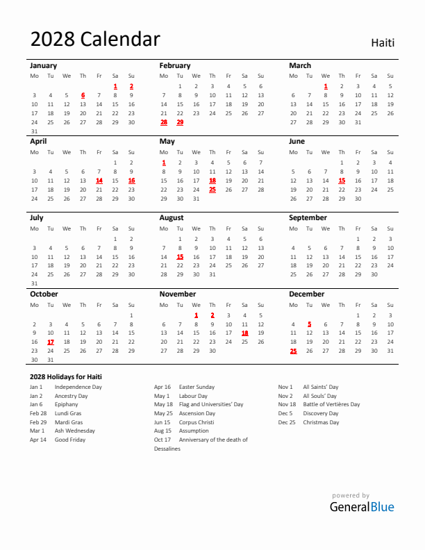Standard Holiday Calendar for 2028 with Haiti Holidays 