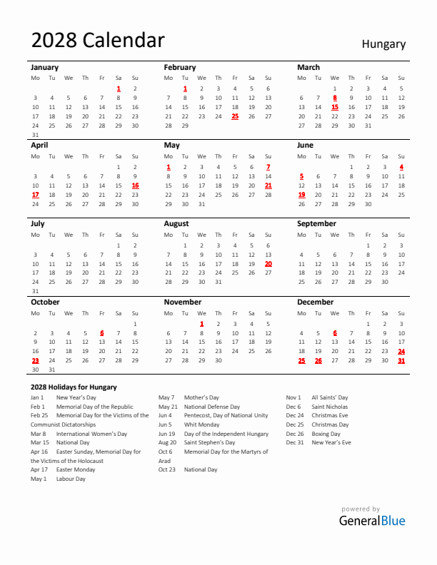 Standard Holiday Calendar for 2028 with Hungary Holidays 