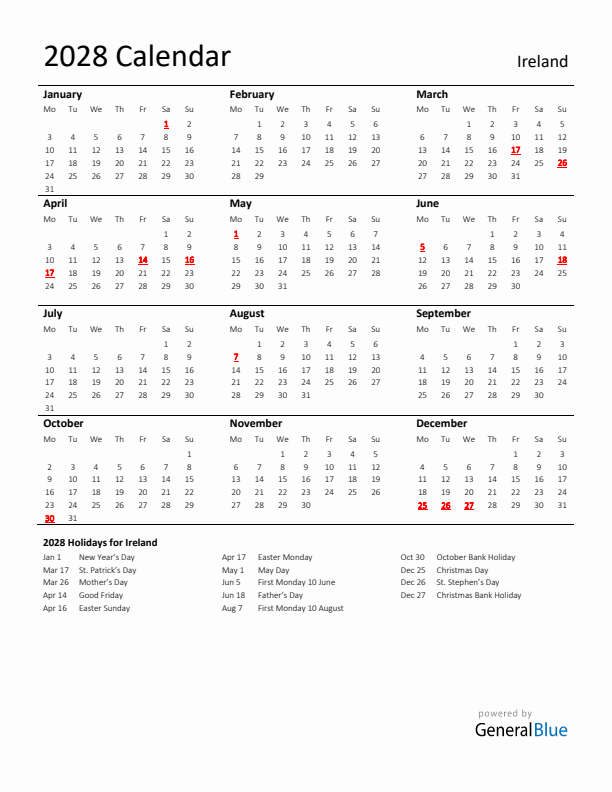 Standard Holiday Calendar for 2028 with Ireland Holidays 