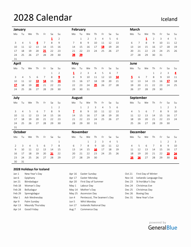 Standard Holiday Calendar for 2028 with Iceland Holidays 