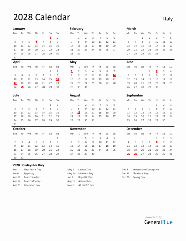 Standard Holiday Calendar for 2028 with Italy Holidays 