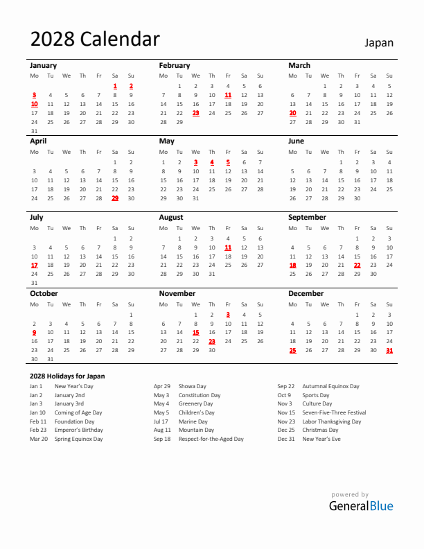 Standard Holiday Calendar for 2028 with Japan Holidays 