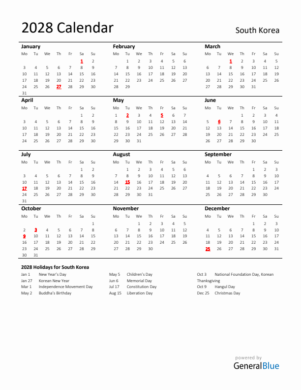 Standard Holiday Calendar for 2028 with South Korea Holidays 