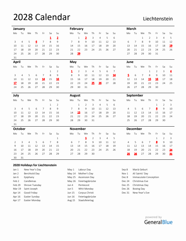 Standard Holiday Calendar for 2028 with Liechtenstein Holidays 