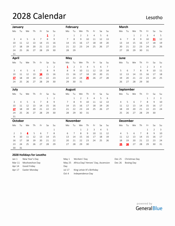 Standard Holiday Calendar for 2028 with Lesotho Holidays 