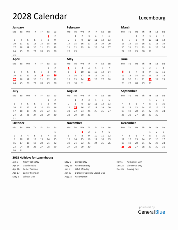 Standard Holiday Calendar for 2028 with Luxembourg Holidays 