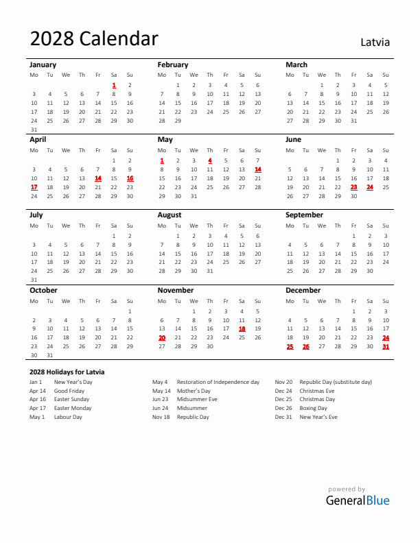 Standard Holiday Calendar for 2028 with Latvia Holidays 