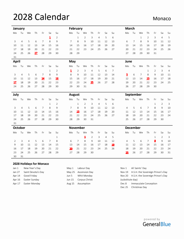 Standard Holiday Calendar for 2028 with Monaco Holidays 