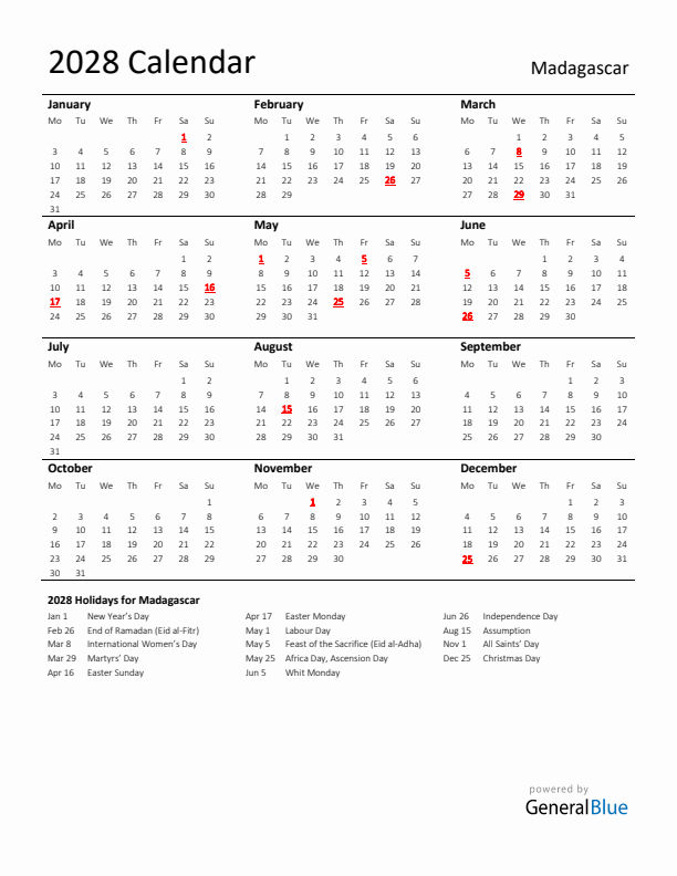 Standard Holiday Calendar for 2028 with Madagascar Holidays 