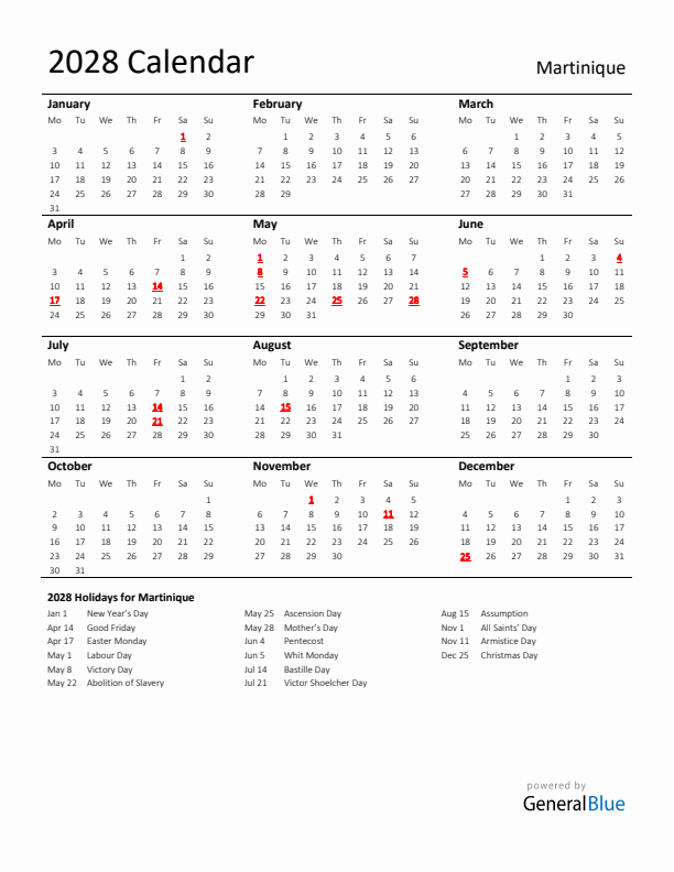 Standard Holiday Calendar for 2028 with Martinique Holidays 