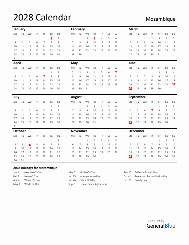 Standard Holiday Calendar for 2028 with Mozambique Holidays 