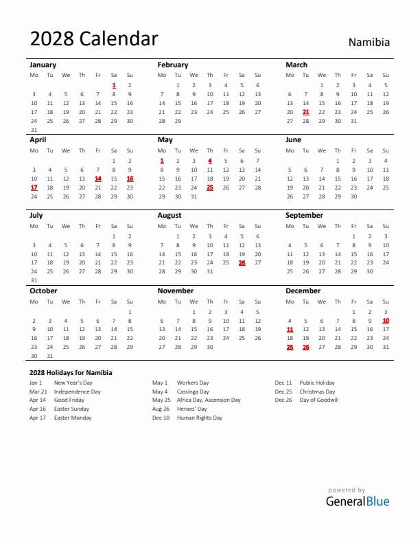 Standard Holiday Calendar for 2028 with Namibia Holidays 