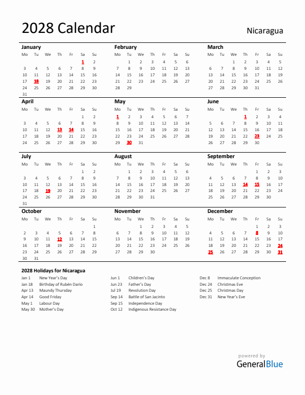 Standard Holiday Calendar for 2028 with Nicaragua Holidays 
