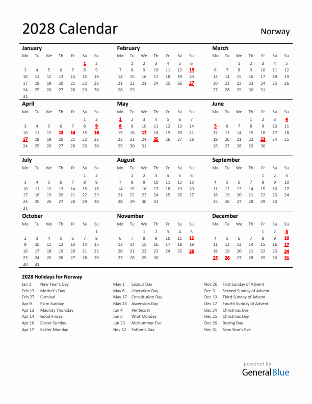 Standard Holiday Calendar for 2028 with Norway Holidays 