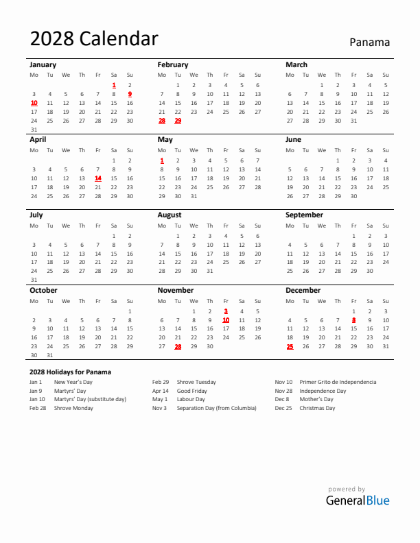 Standard Holiday Calendar for 2028 with Panama Holidays 