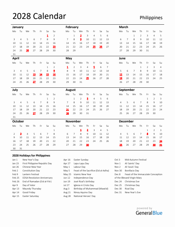 Standard Holiday Calendar for 2028 with Philippines Holidays 